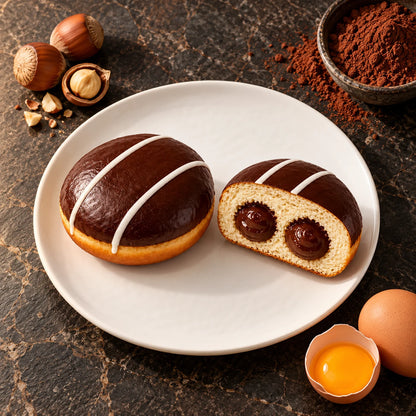 Krapfen Schokolade von oben auf weißem Teller, daneben Haselnüsse, Kakaopulver und Eier