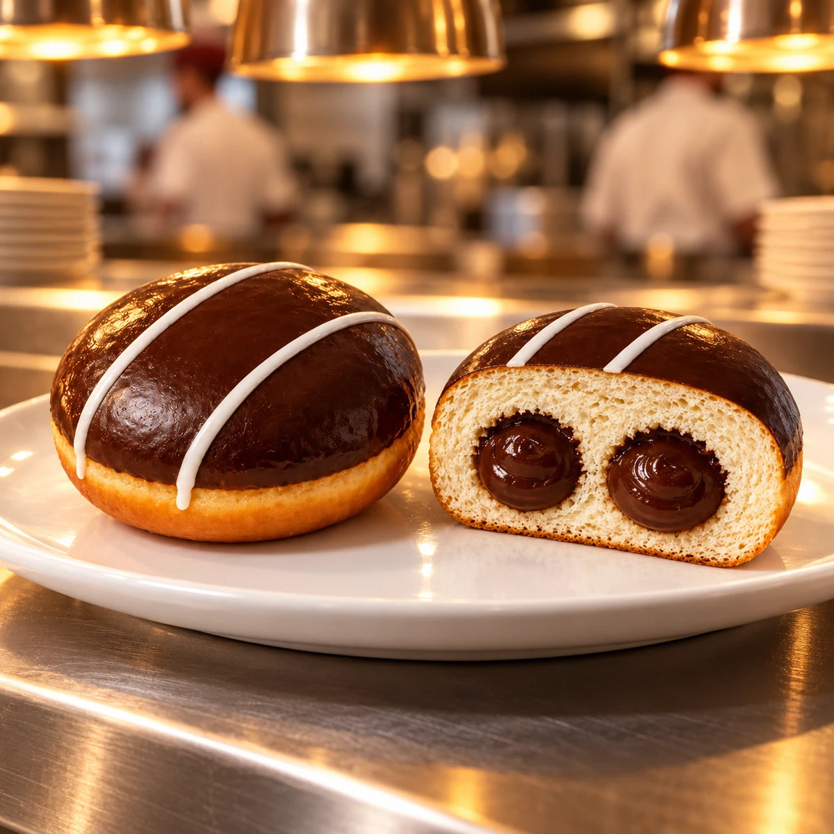 Krapfen Schokolade auf weißem Teller am Pass einer Profiküche