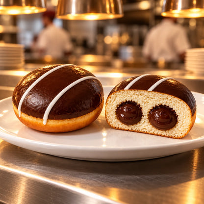 Krapfen Schokolade auf weißem Teller am Pass einer Profiküche