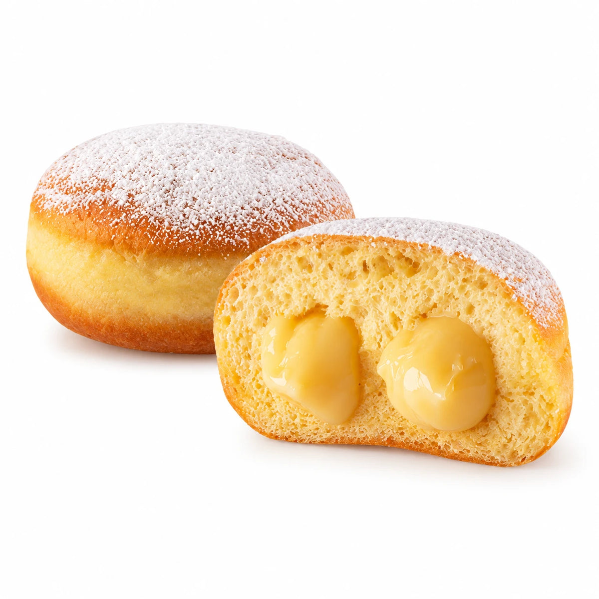 Krapfen alla Crema Vaniglia su sfondo bianco, intero e tagliato con farcitura di crema