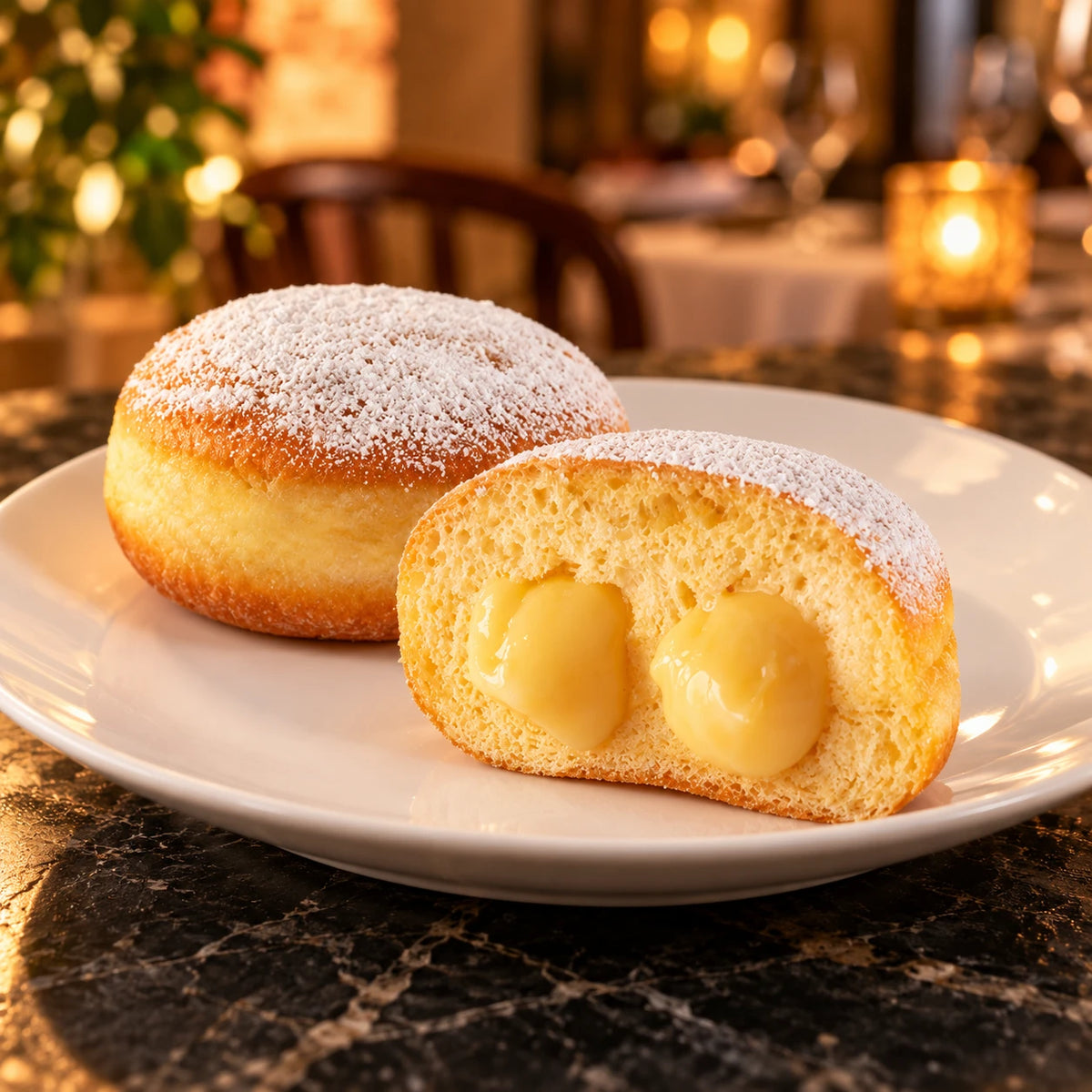 Krapfen alla Crema Vaniglia su piatto bianco in un ristorante dalla luce calda