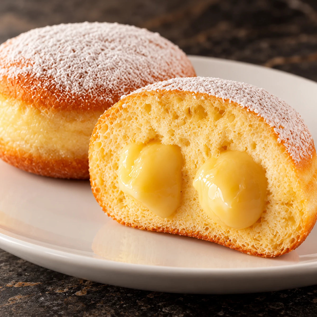 Primo piano del Krapfen alla Crema Vaniglia tagliato con farcitura cremosa e zucchero a velo