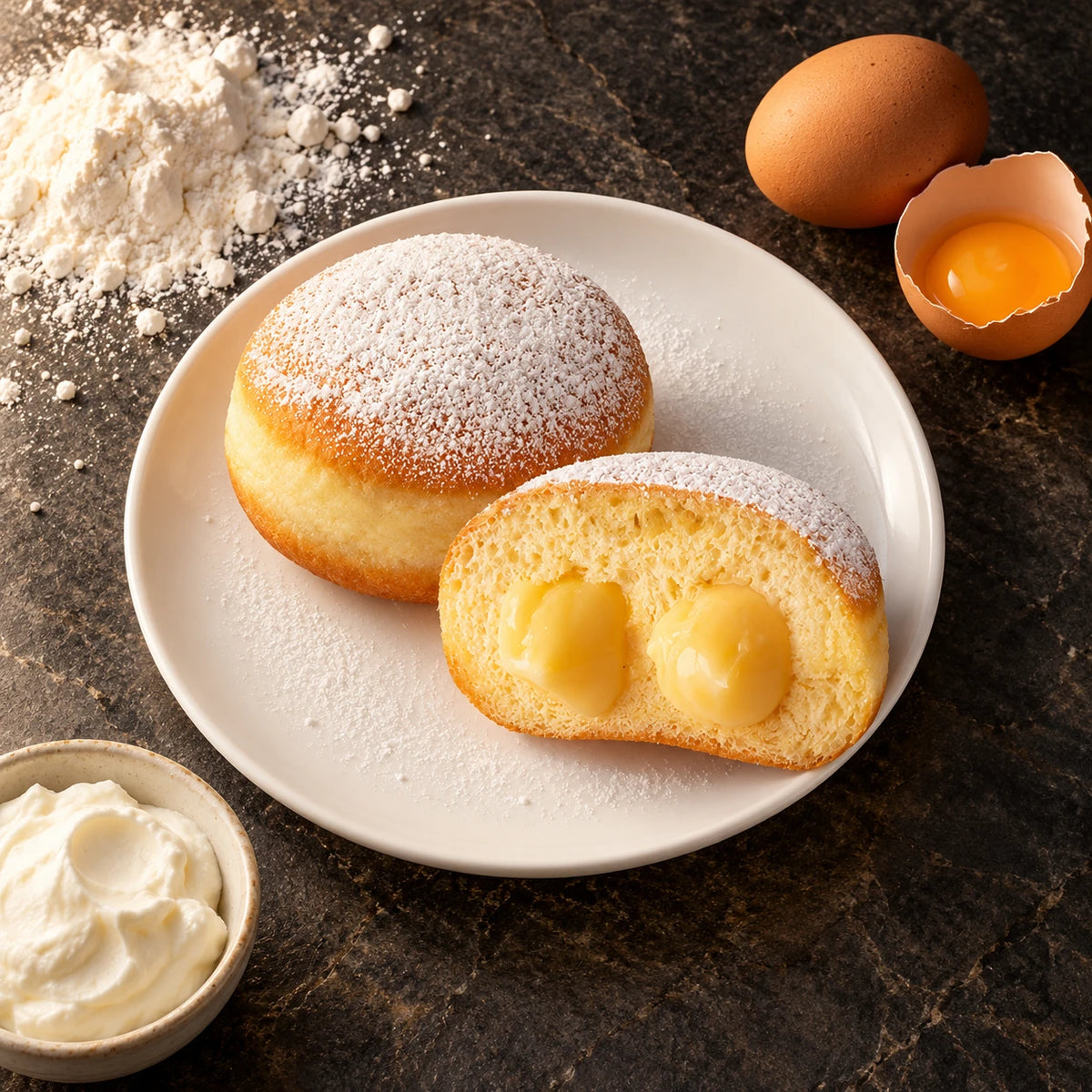 Krapfen alla Crema Vaniglia visto dall'alto su piatto bianco, con farina, un uovo e una ciotola di crema