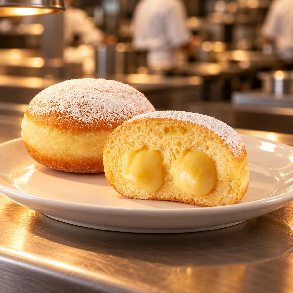 Krapfen alla Crema Vaniglia su piatto bianco al pass di una cucina professionale