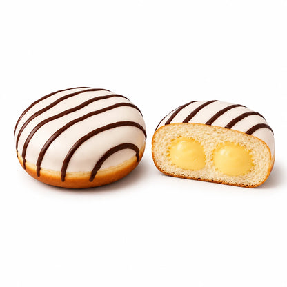 Krapfen alla Vaniglia con glassa bianca e strisce scure su sfondo bianco, intero e tagliato con crema alla vaniglia