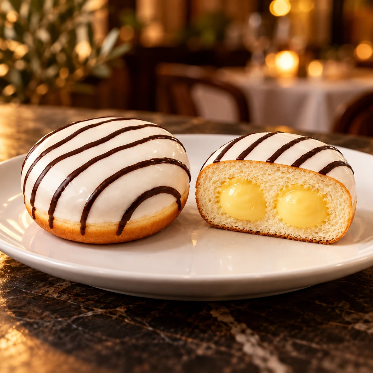 Krapfen alla Vaniglia su piatto bianco in un ristorante dalla luce calda