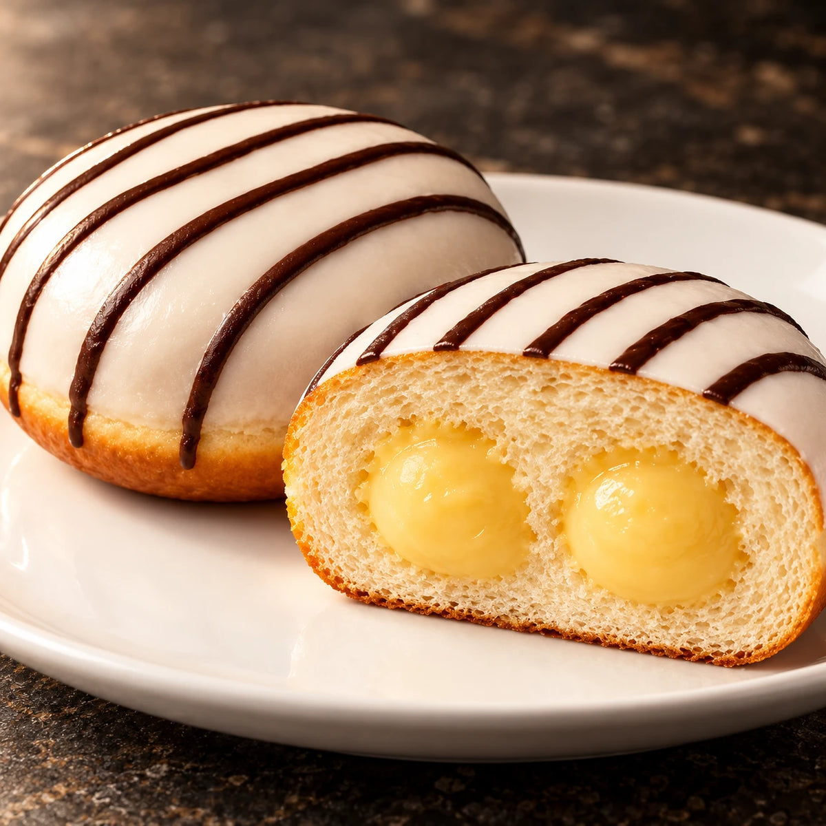 Primo piano del Krapfen alla Vaniglia tagliato con farcitura cremosa e glassa bianca