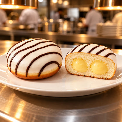 Krapfen alla Vaniglia su piatto bianco al passe di una cucina professionale