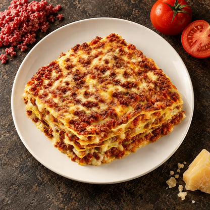 Lasagne Emiliane op een wit bord van bovenaf op donkere steen, met ingrediënten ernaast