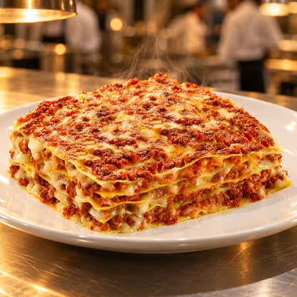 Lasagne Emiliane op een wit bord aan de pass van een professionele keuken