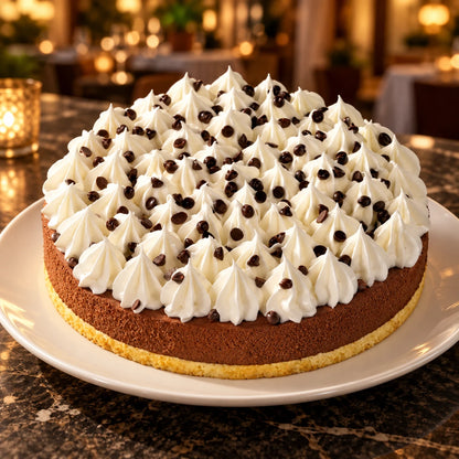 Tarta helada de chocolate en un plato en un restaurante de luz cálida
