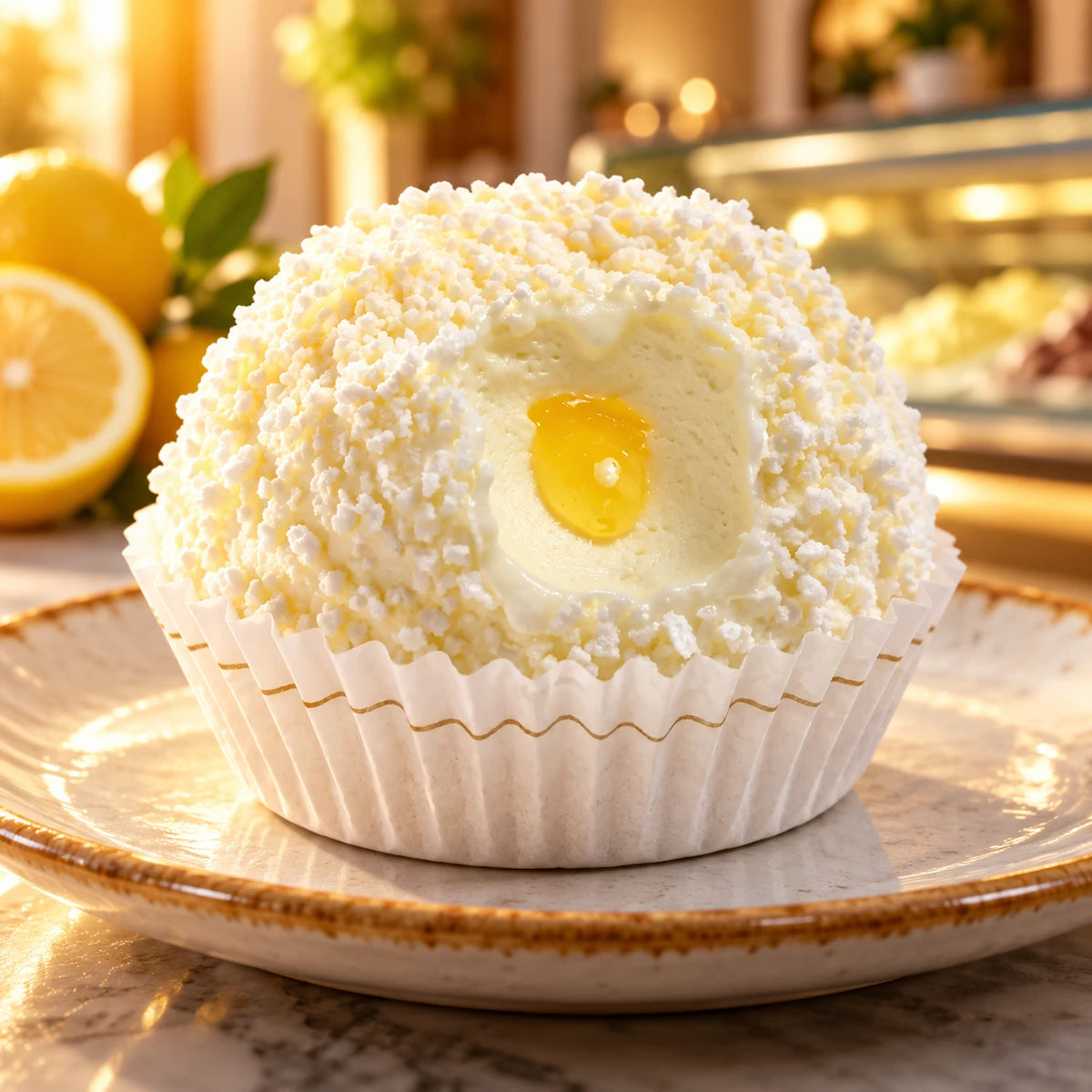 Tartufo limoncello en cápsula sobre un mostrador de mármol en una heladería