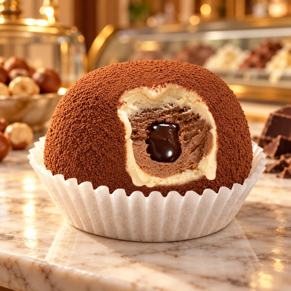 Tartufo en cápsula sobre un mostrador de mármol en una heladería, con avellanas y chocolate al lado