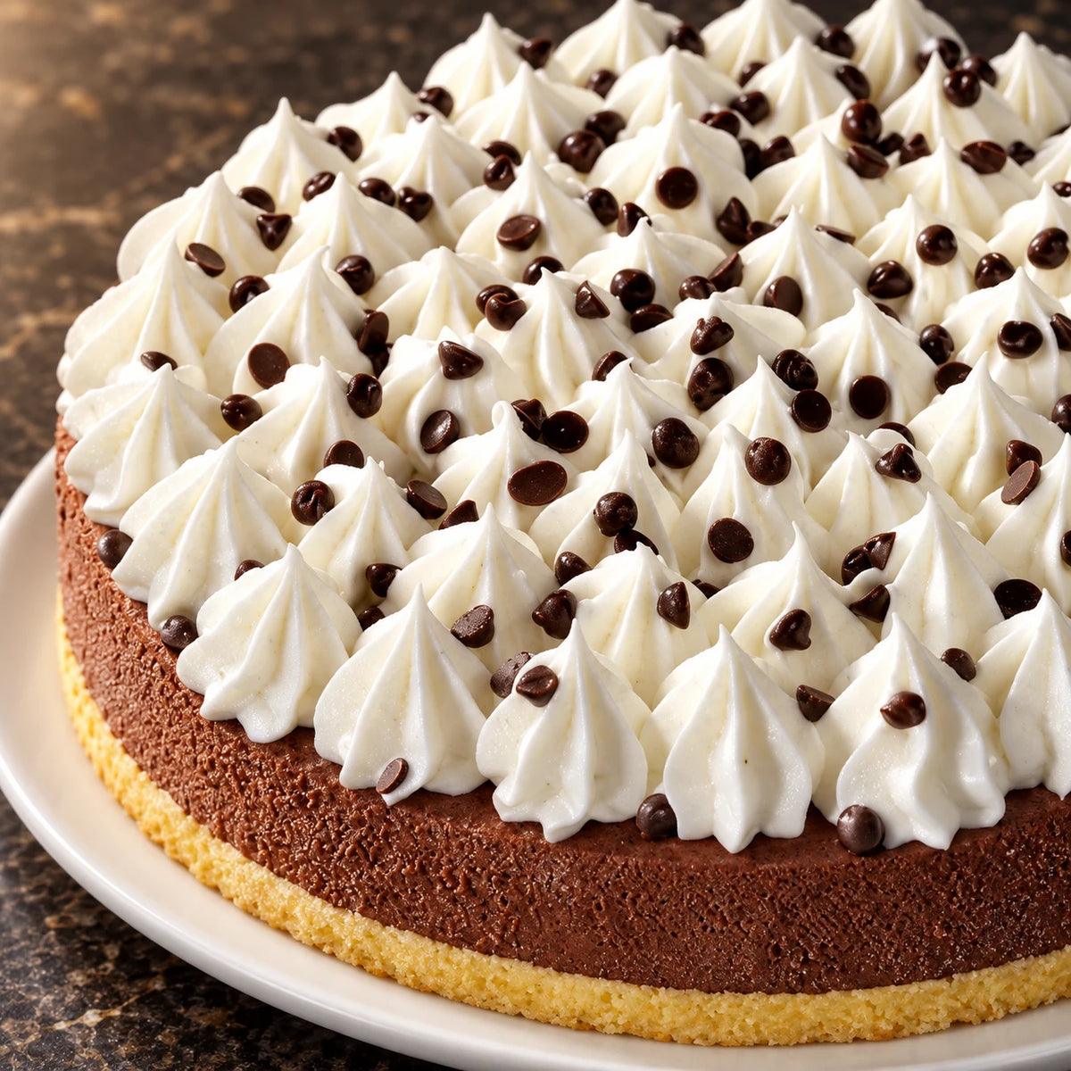 Primer plano de la tarta helada de chocolate con rosetas de nata y gotas de chocolate