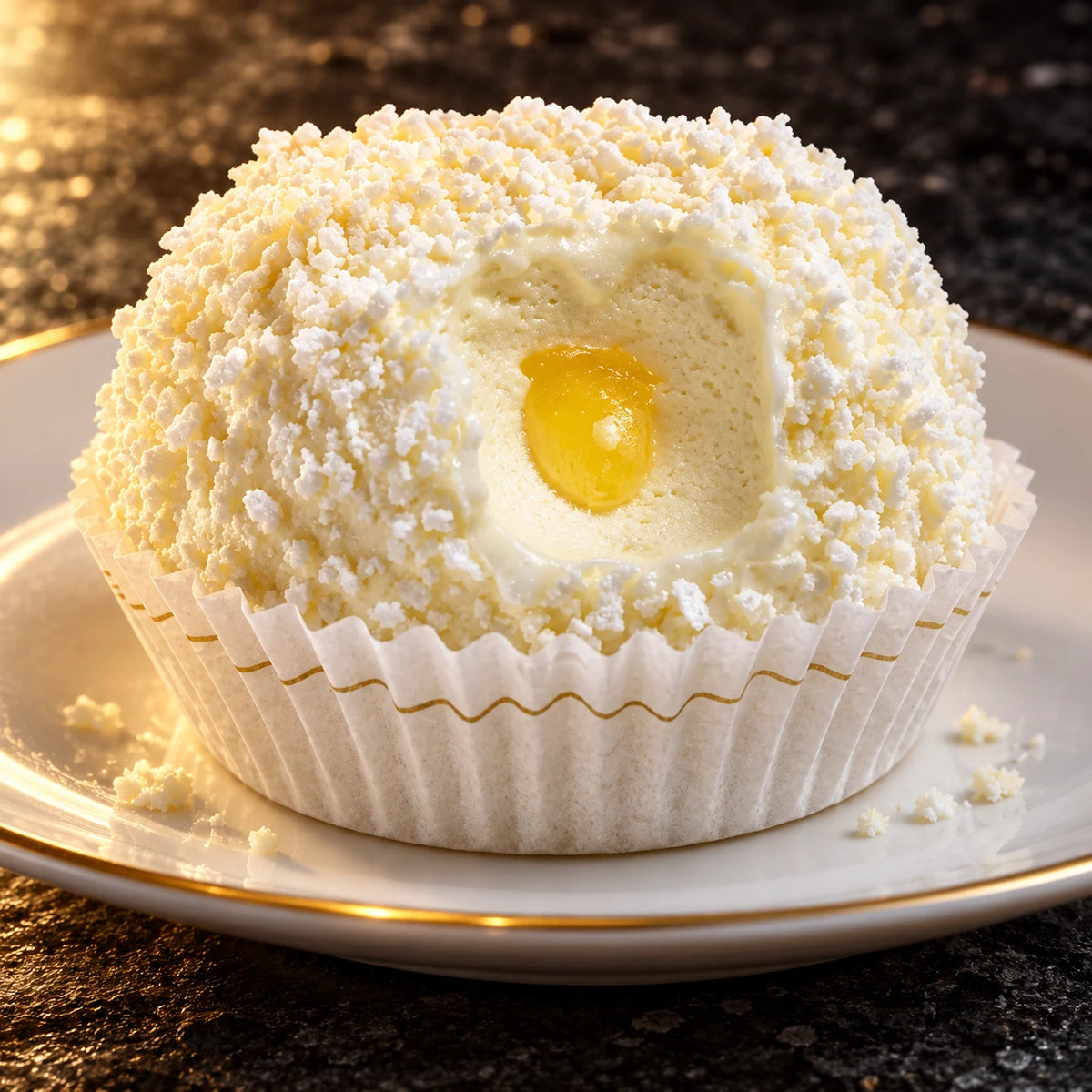 Tartufo limoncello en un plato con migas de merengue y el corazón de limoncello a la vista