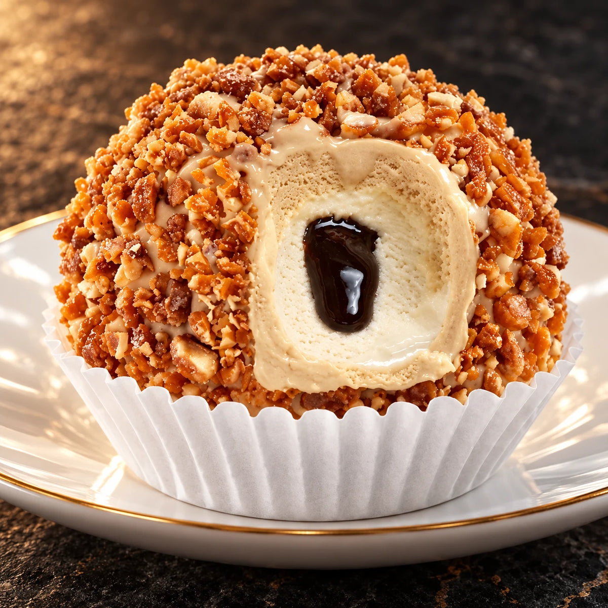 Tartufo de café y nata en cápsula en un plato con el corazón de café a la vista