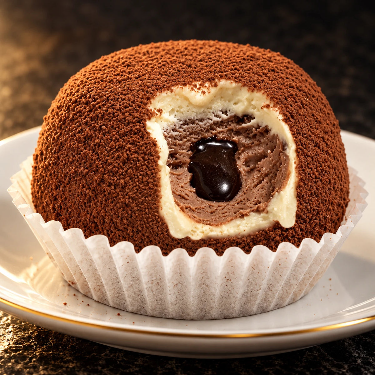 Primer plano del tartufo en un plato con el corazón de chocolate negro a la vista