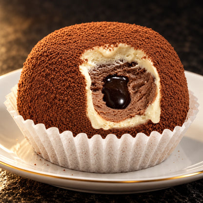 Primer plano del tartufo en un plato con el corazón de chocolate negro a la vista