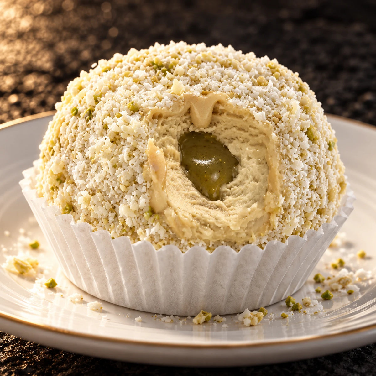 Tartufo de pistacho en cápsula en un plato con migas y el corazón de pistacho a la vista