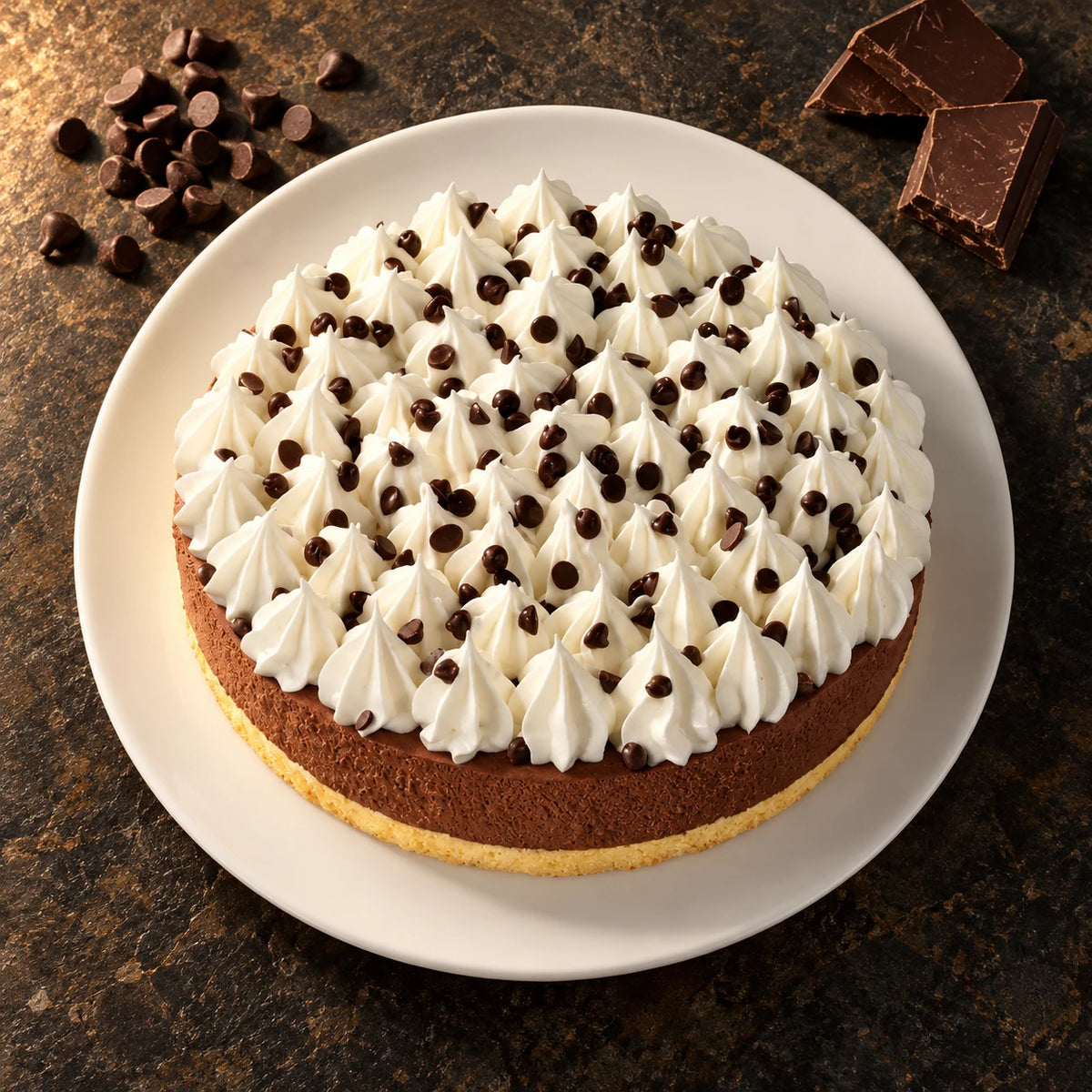Tarta helada de chocolate desde arriba con trozos de chocolate al lado