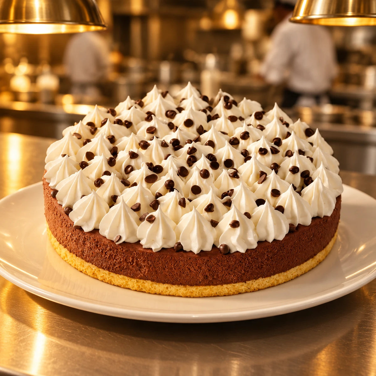 Tarta helada de chocolate en una cocina profesional