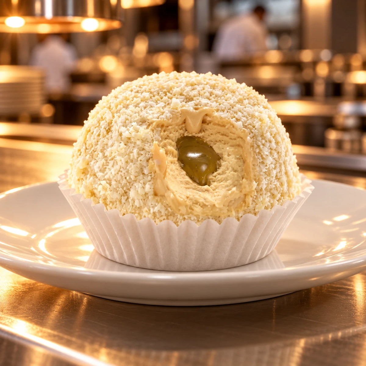 Tartufo de pistacho en un plato en una cocina profesional