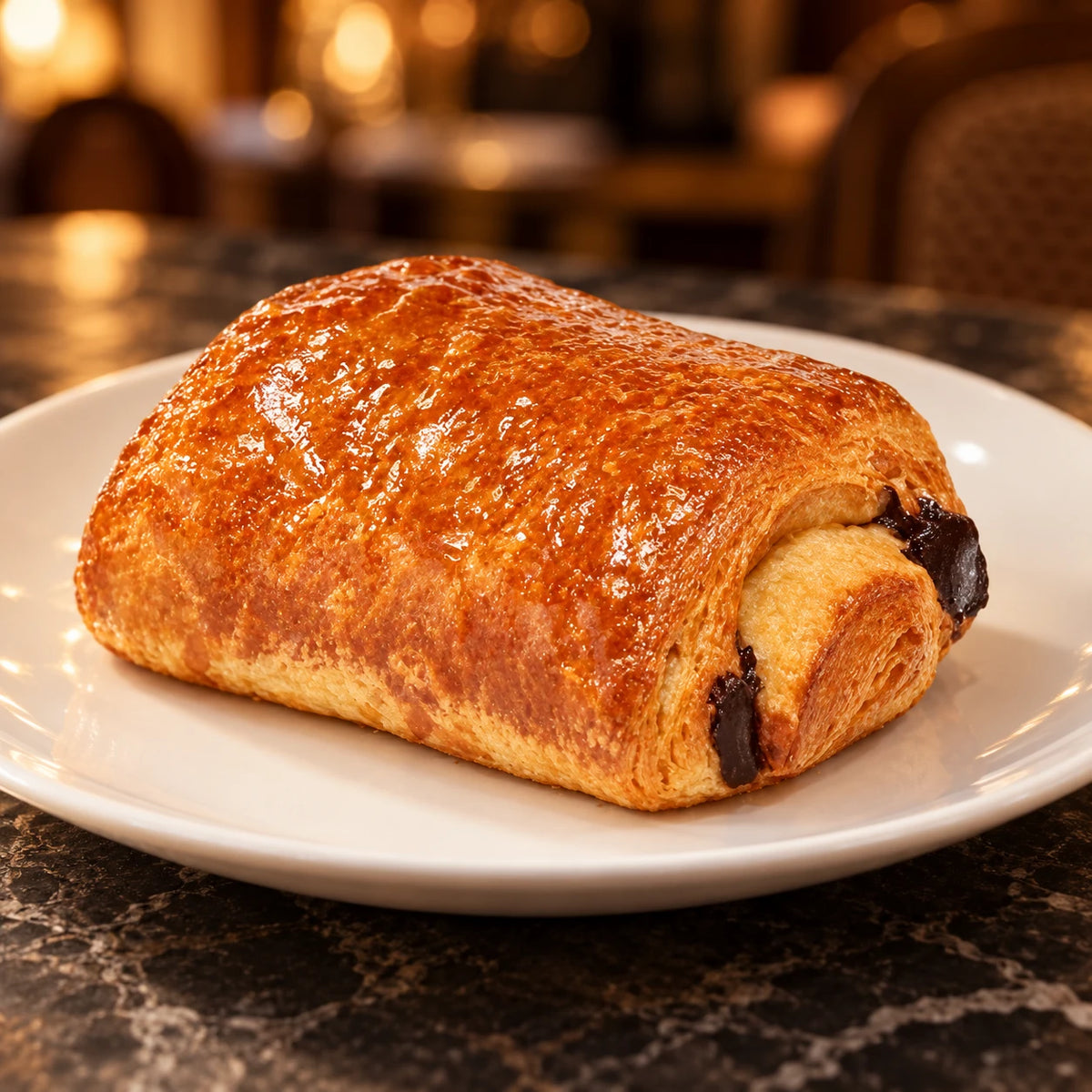 Pain au Chocolat Classic σε λευκό πιάτο σε καφέ με ζεστό φωτισμό