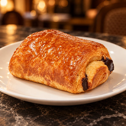 Pain au Chocolat Classic σε λευκό πιάτο σε καφέ με ζεστό φωτισμό