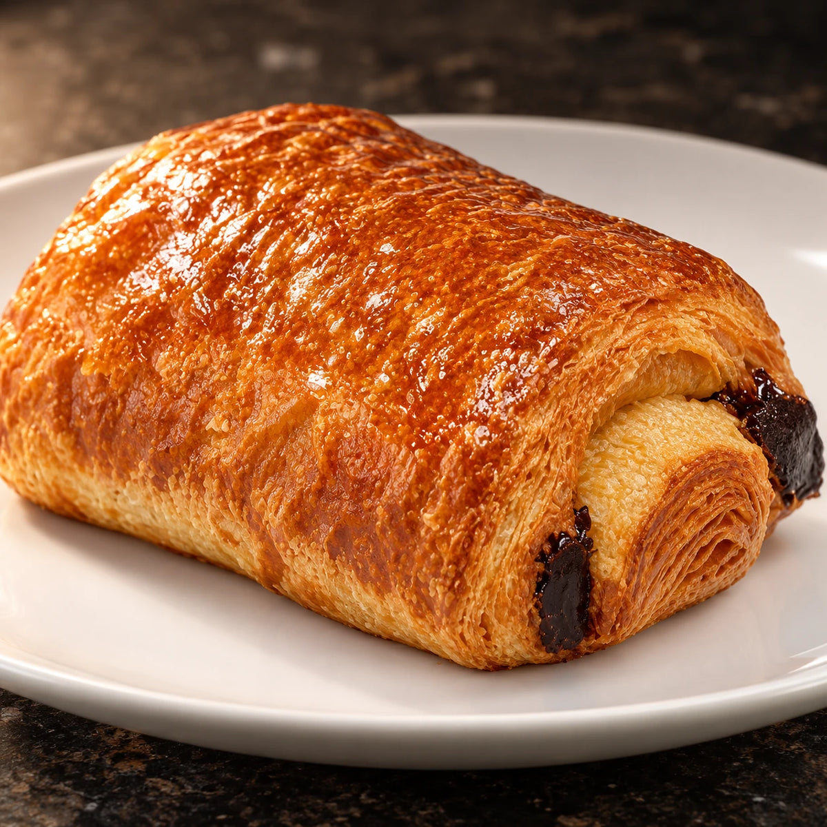 Κοντινό του Pain au Chocolat Classic με τραγανές στρώσεις και μαύρη σοκολάτα σε λευκό πιάτο