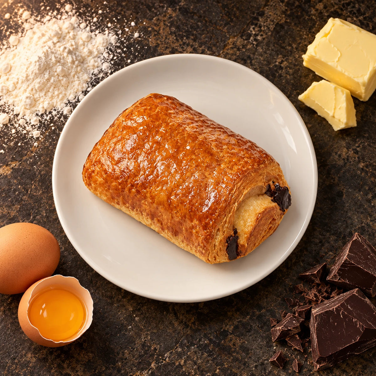 Pain au Chocolat Classic από πάνω σε λευκό πιάτο, δίπλα αλεύρι, βούτυρο, αυγό και μαύρη σοκολάτα