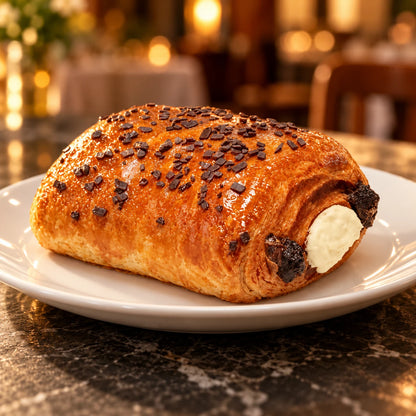 Pain au Triple Chocolat su piatto bianco in un ristorante con luci calde sfocate sullo sfondo