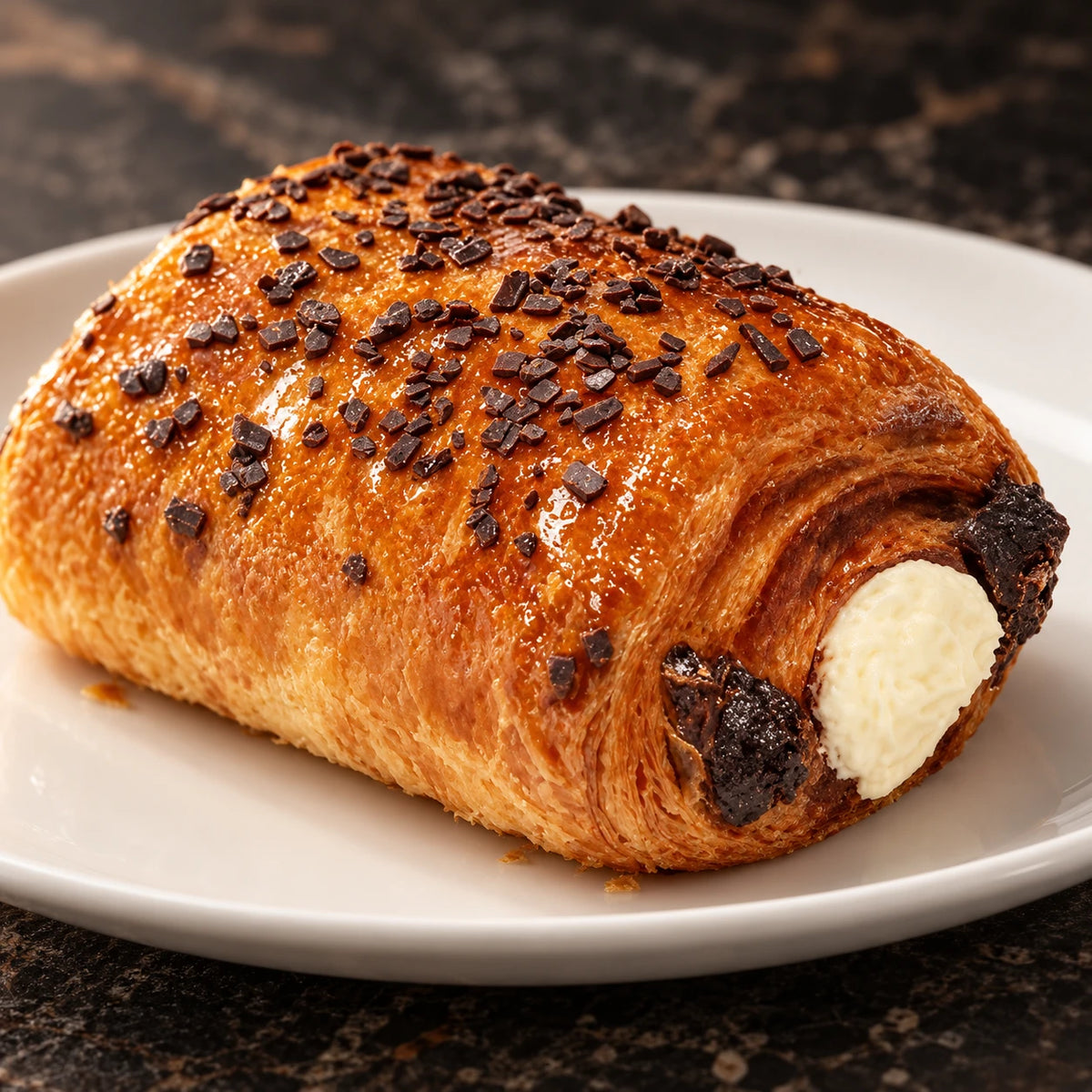 Primo piano: Pain au Triple Chocolat su piatto bianco con crema al cioccolato bianco e cioccolato fondente in vista