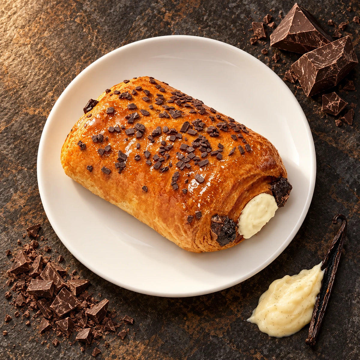 Pain au Triple Chocolat dall'alto su piatto bianco, circondato da pezzi di cioccolato e una bacca di vaniglia