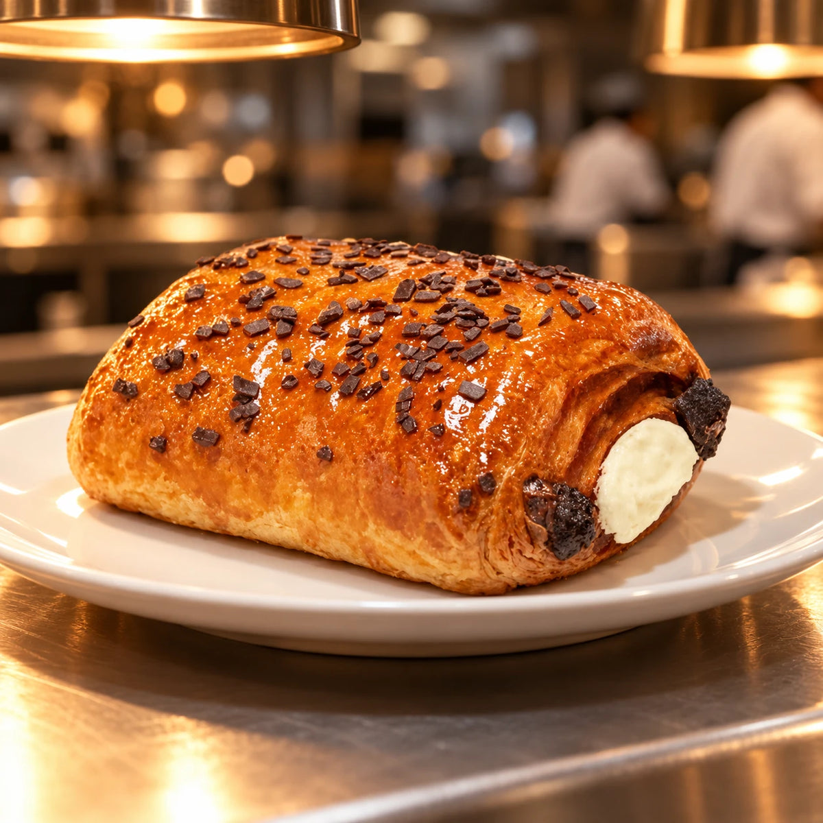 Pain au Triple Chocolat su piatto bianco al pass cucina di un panificio sotto luce calda