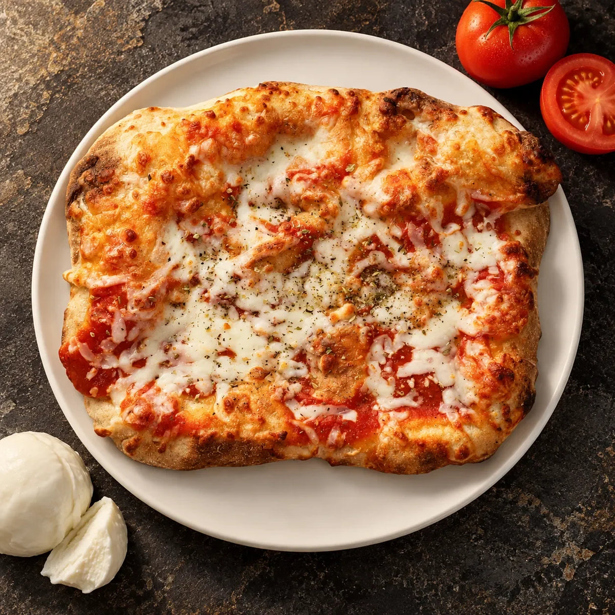 Pala Margherita z góry na białym talerzu, obok świeżych pomidorów i mozzarelli