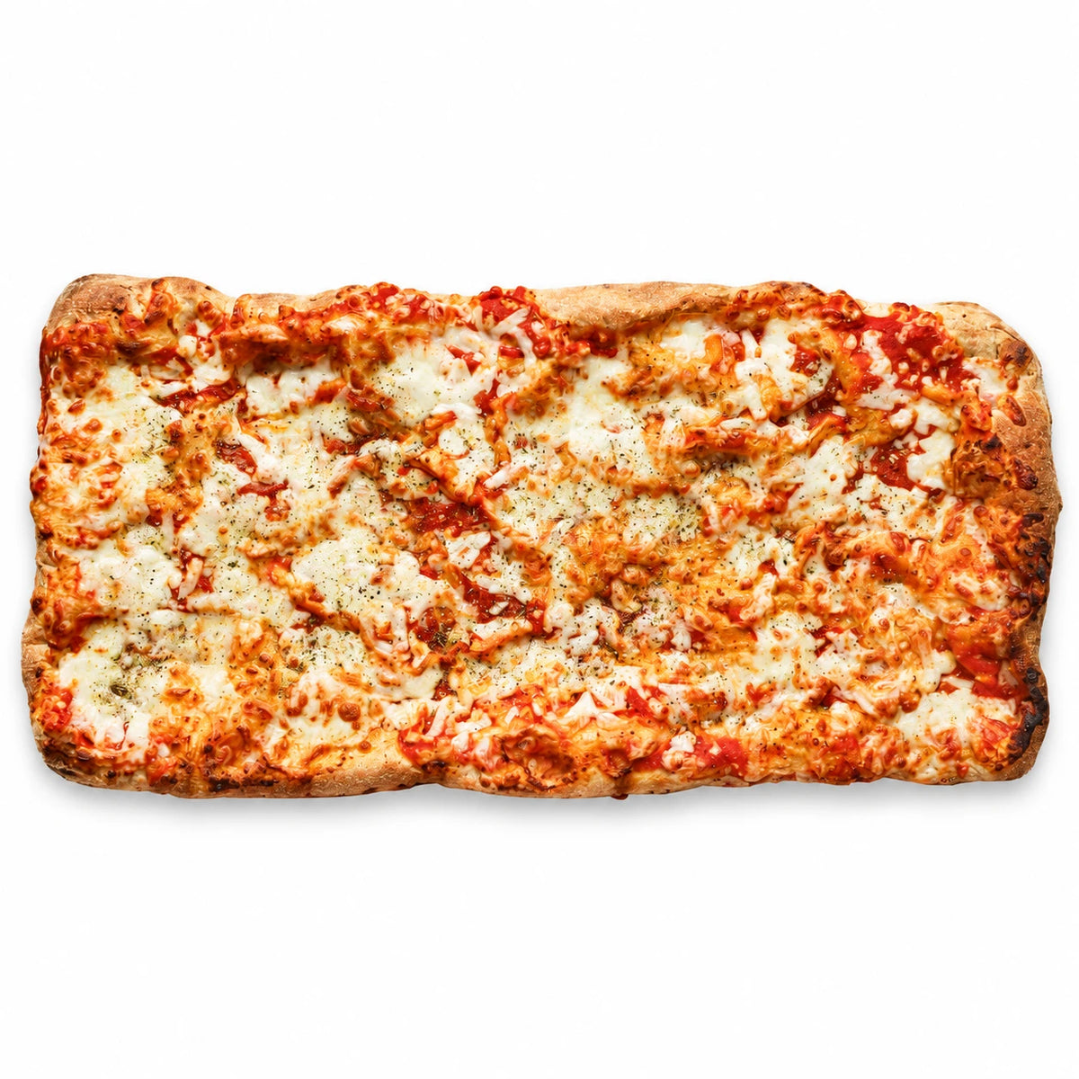 Pala Margherita 20 × 58 cm con salsa di pomodoro e mozzarella, vista dall'alto su sfondo bianco