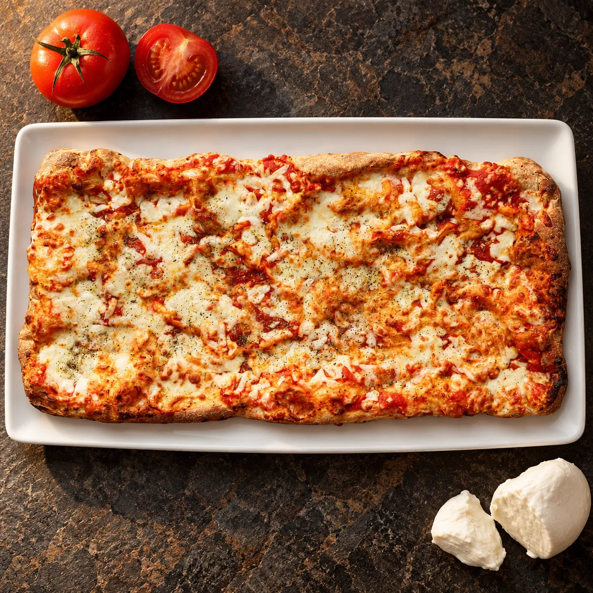 Pala Margherita 28 × 58 cm desde arriba sobre piedra oscura, junto a tomates frescos y mozzarella