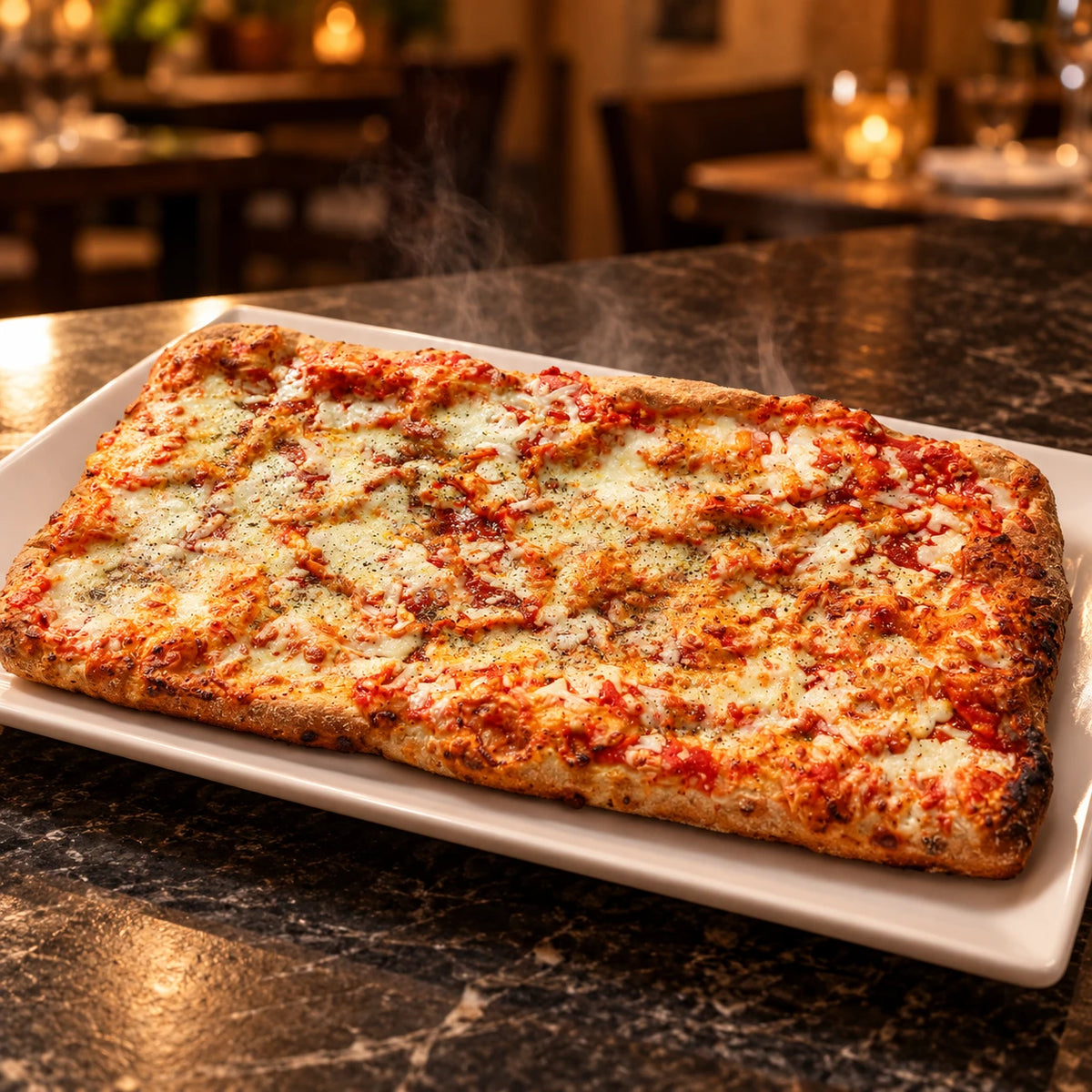 Pala Margherita 20 × 58 cm appena cotta su piatto bianco, di sera su un banco in pietra al ristorante