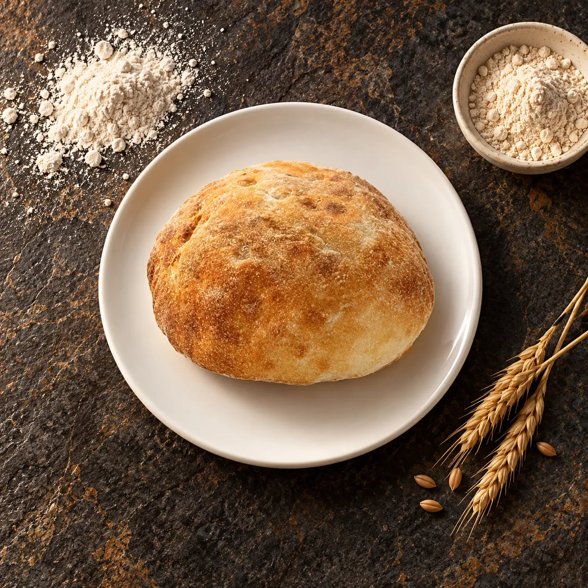 Panpizza Bun 120 g, vista superior con harina y espigas de trigo