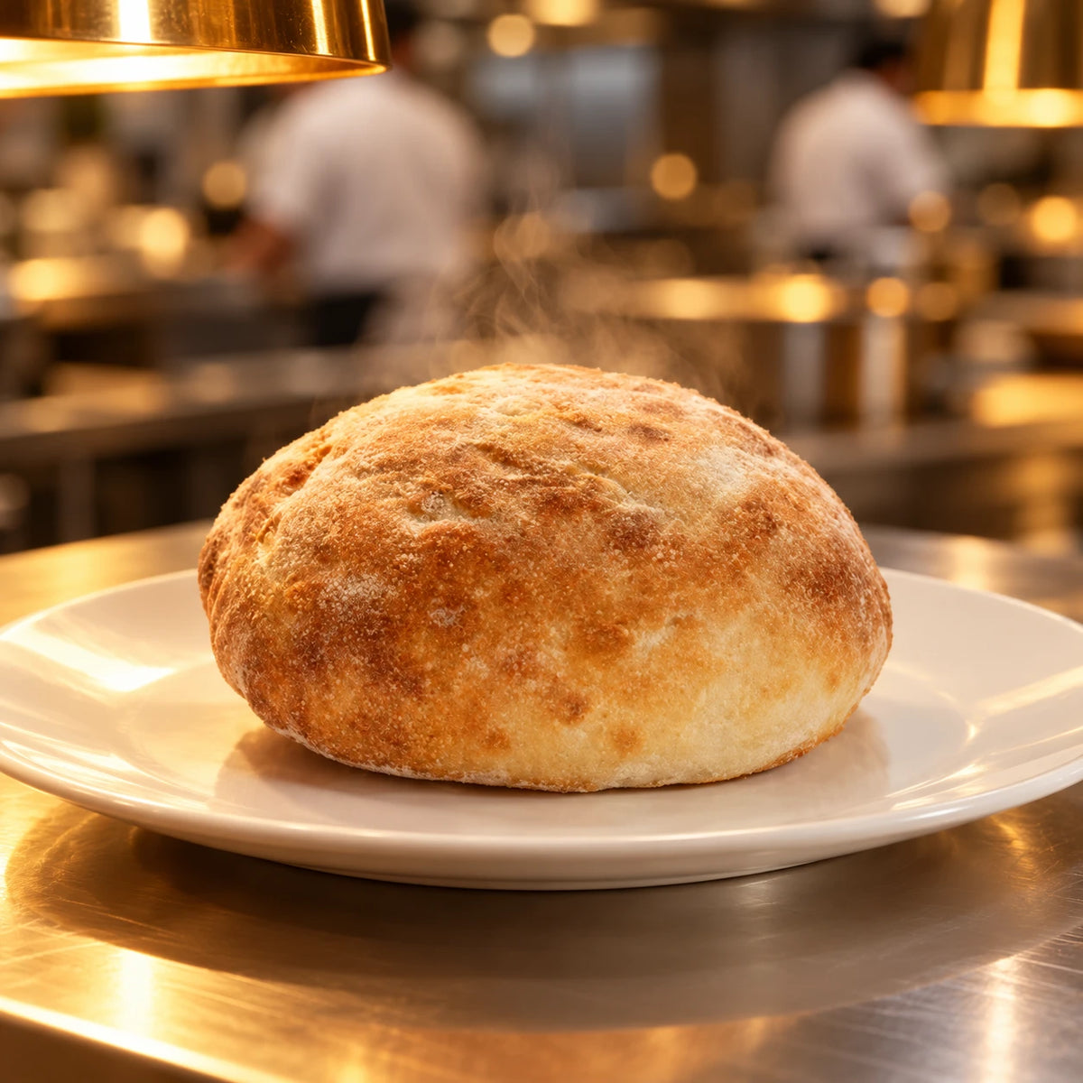 Panpizza Bun 120 g, humeante en la cocina del restaurante