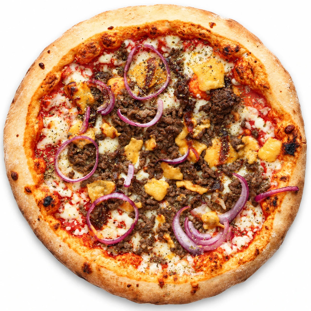 Pizza Beef Burger 29 cm, recortada sobre fondo blanco