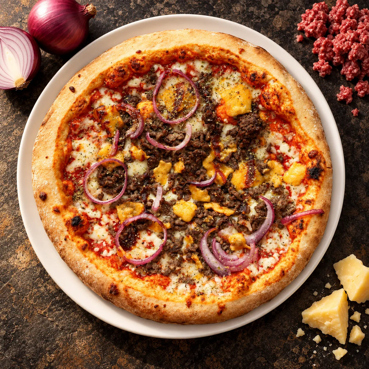Pizza Beef Burger 29 cm, emplatada con ingredientes frescos