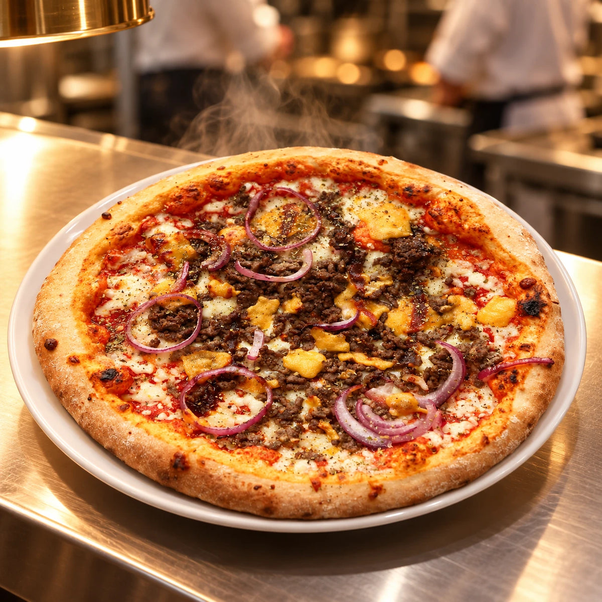 Pizza Beef Burger 29 cm, en la cocina del restaurante