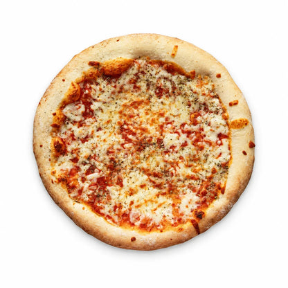 Pizza Margherita 18 cm vista desde arriba con salsa de tomate, mozzarella y orégano
