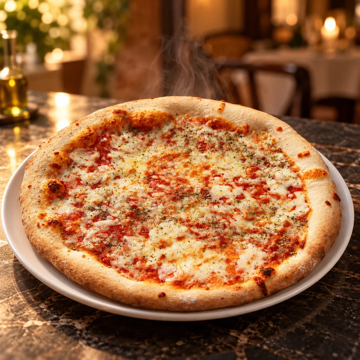 Pizza Margherita humeante en un plato blanco sobre una mesa de restaurante