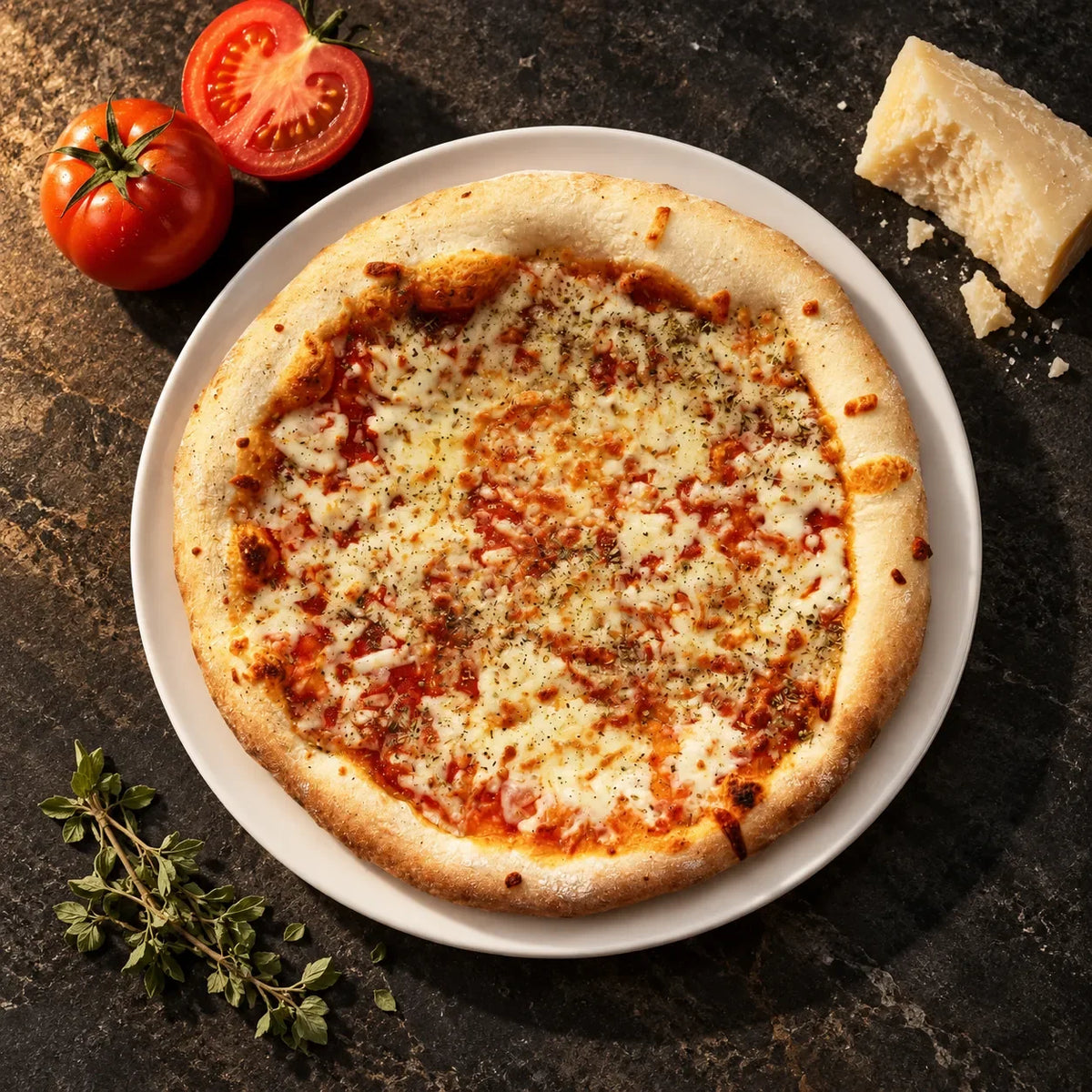 Pizza Margherita 18 cm vista desde arriba en un plato blanco sobre piedra oscura