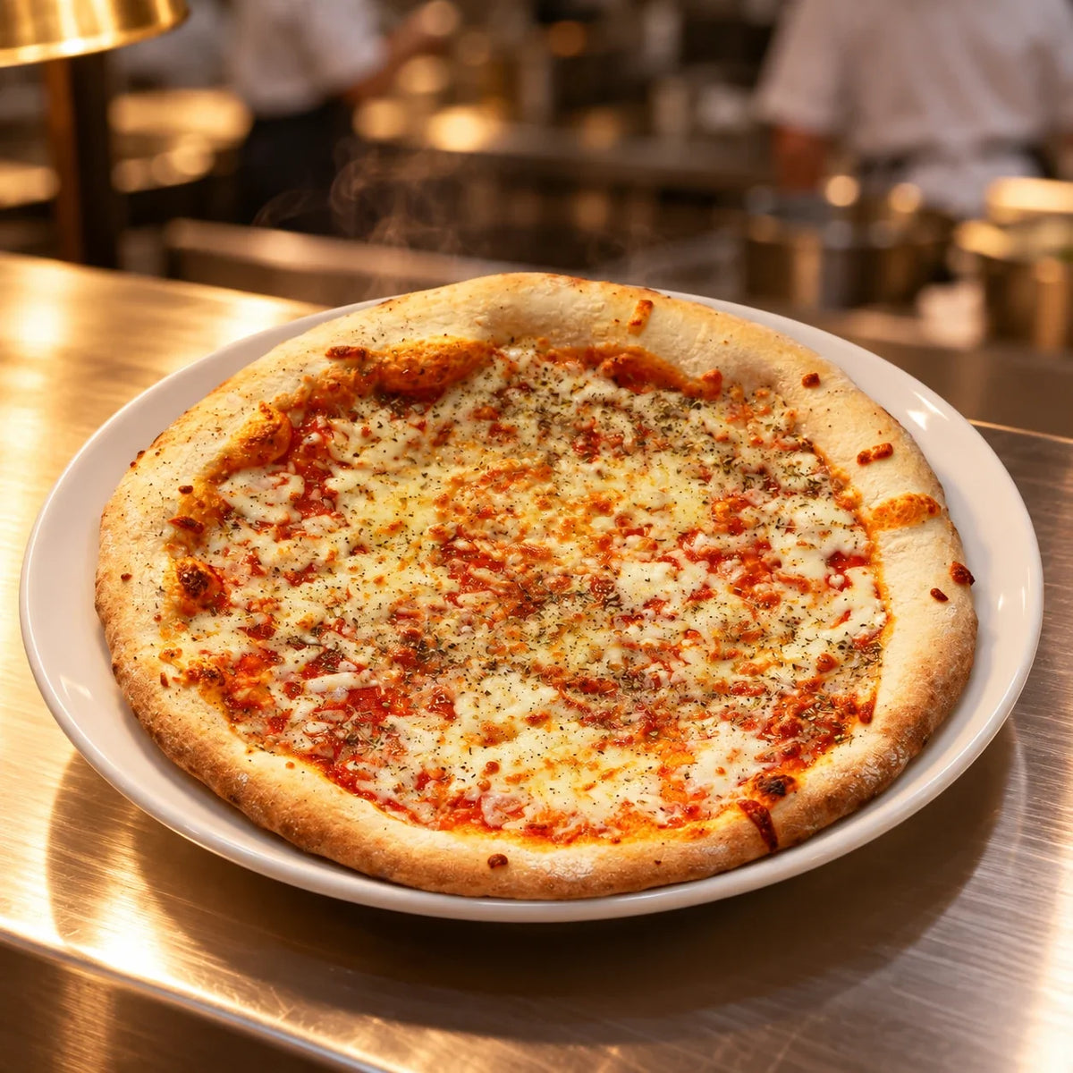Pizza Margherita lista para servir en el pase bajo lámparas de calor