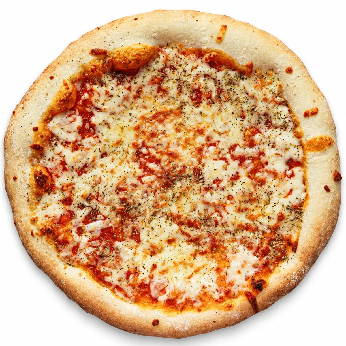 Pizza Margherita 29 cm vista desde arriba con salsa de tomate, mozzarella y orégano