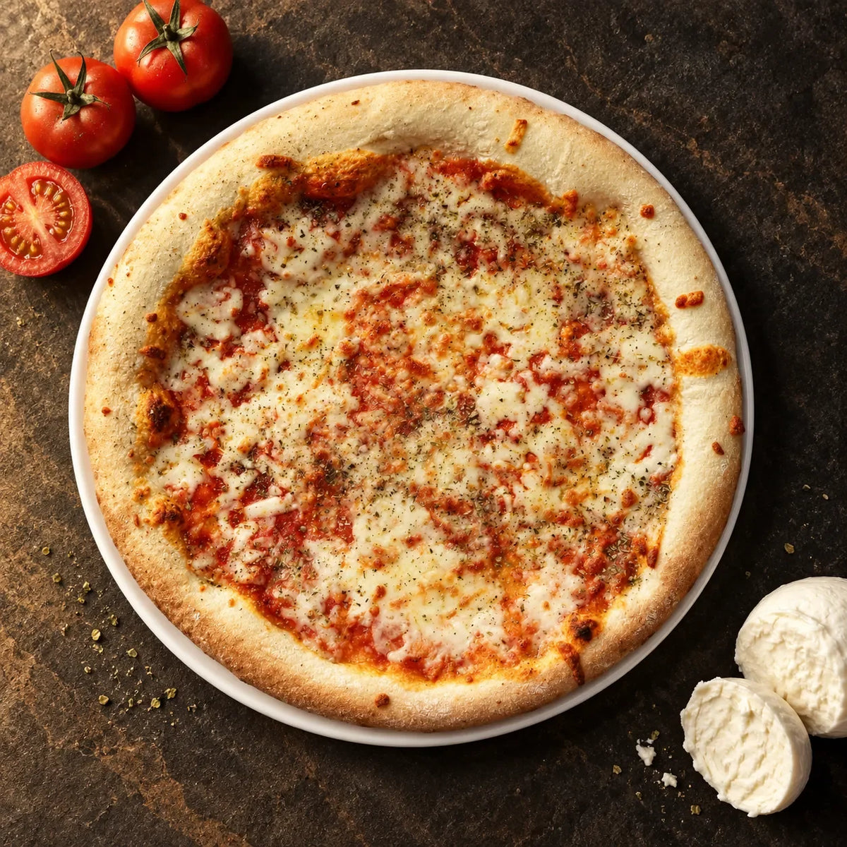 Pizza Margherita 29 cm vista desde arriba en un plato blanco sobre piedra oscura
