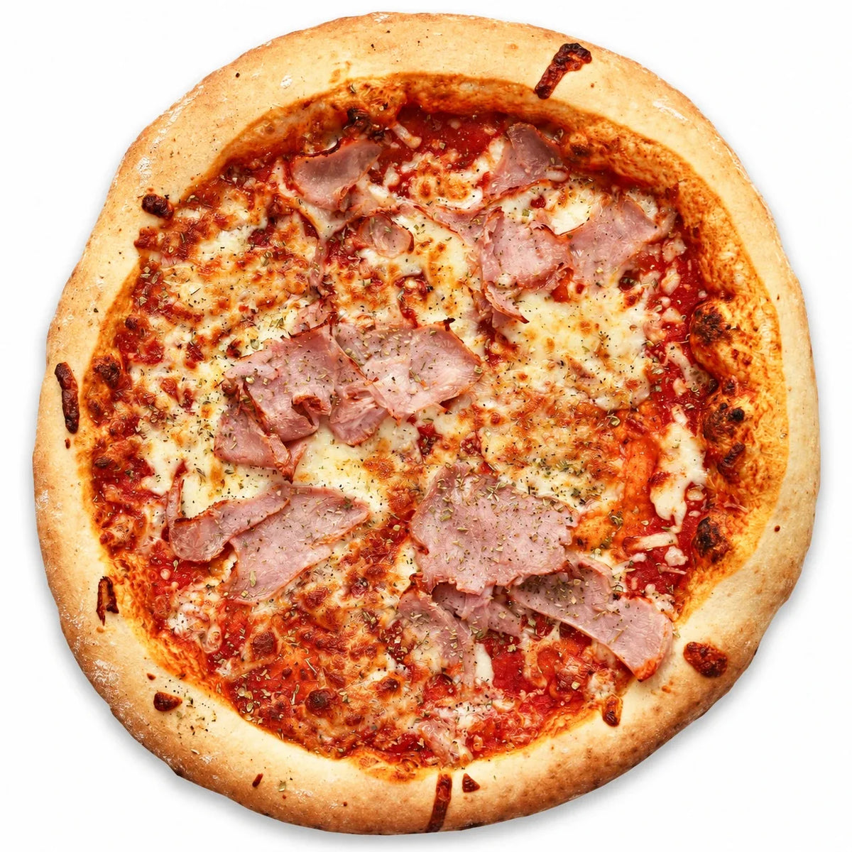 Pizza με ζαμπόν 29 cm με βραστό ζαμπόν, μοτσαρέλα και σάλτσα ντομάτας, από πάνω σε λευκό φόντο